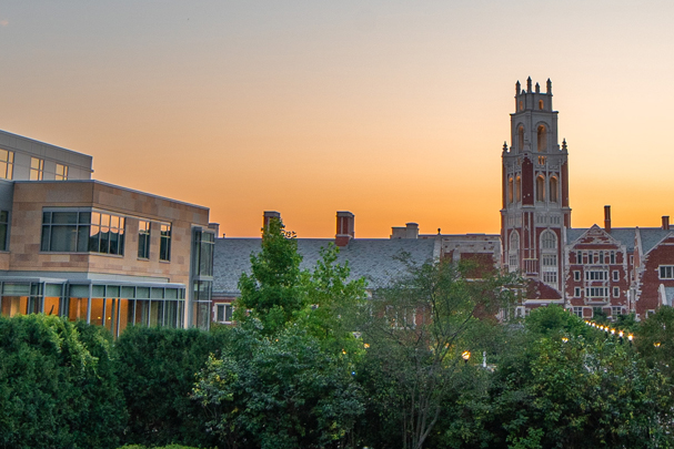 Sunset over a Yale building