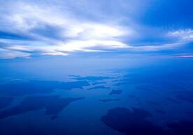 An archipelago from the air at dusk