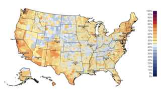 Estimated % of adults who are somewhat or very worried about global warming by county