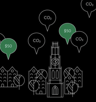 Graphic showing bubbles of CO2 and money floating above Yale buildings
